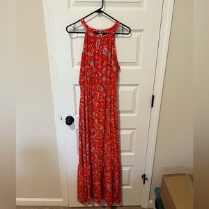Red patterned high neck maxi dress